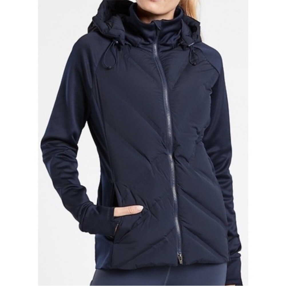 Athleta Inlet Navy Blue Hooded Down Insulated Puffer Thumbholes Jacket Large